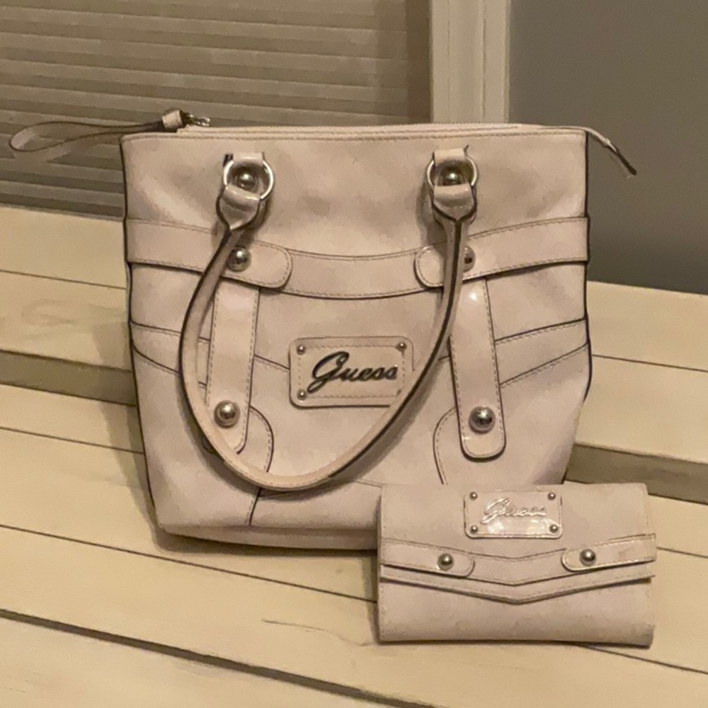 Guess Cream Tote Bag with Silver Hardware